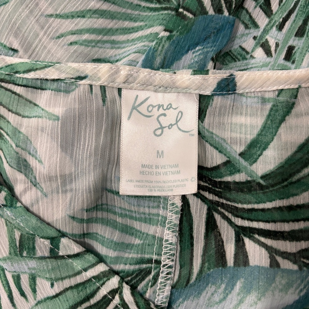 Kona Sol Tropical Palm Leaf Midi Dress Cover Up M Green Resort Vacation Tassel - Picture 11 of 14